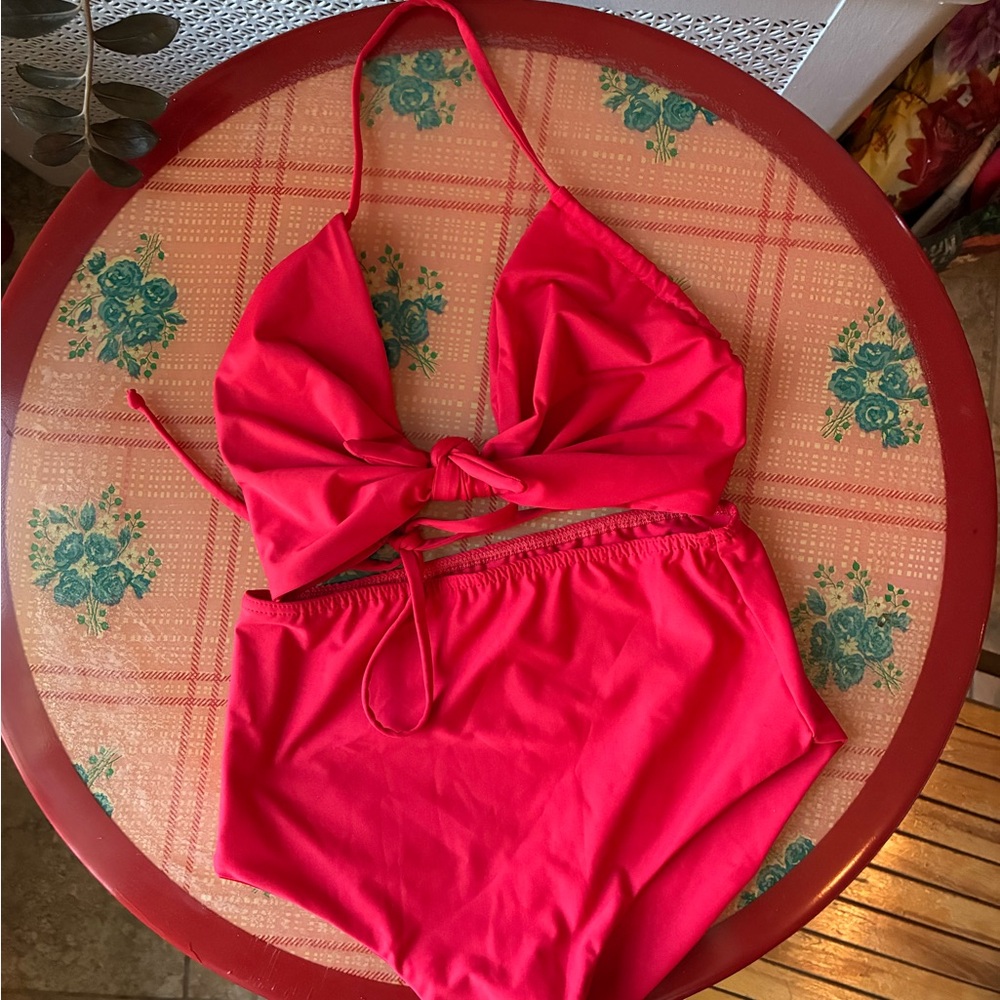 Hackwith Design Cherry Red Teardrop Tie-Front Bikini and High-Waist Bottom
